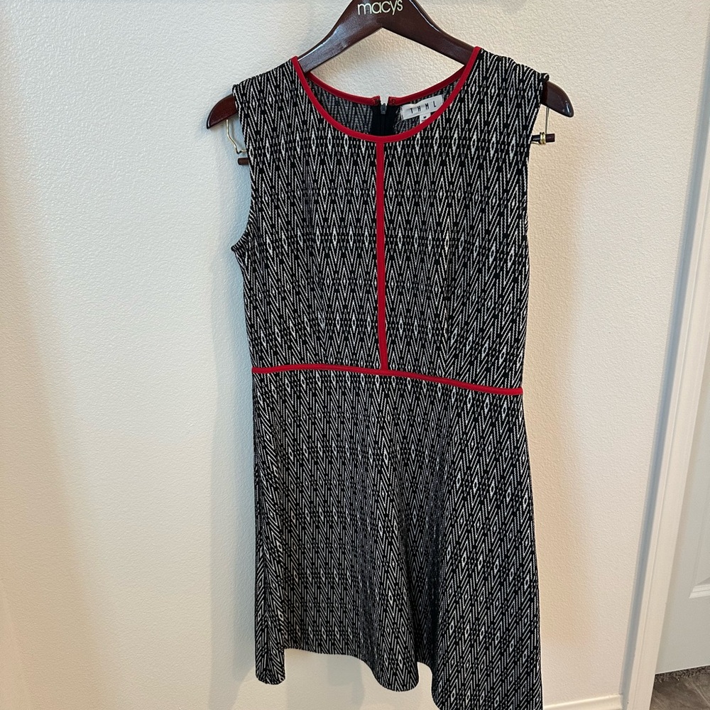 THML Black and White Patterned Mini Dress with Red Accents